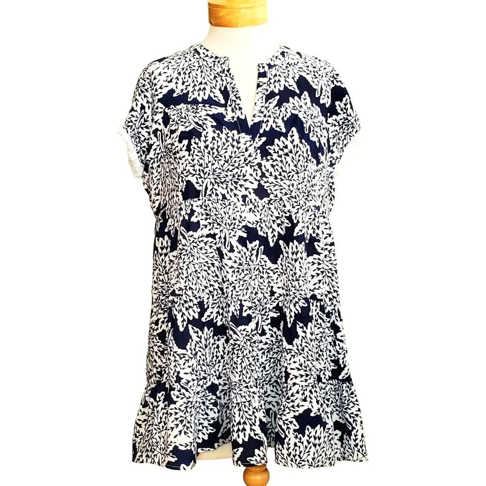 THML Casual Dress Ruffle Hem V-Neck LIned Navy Blue/White Floral Fringe Accent S